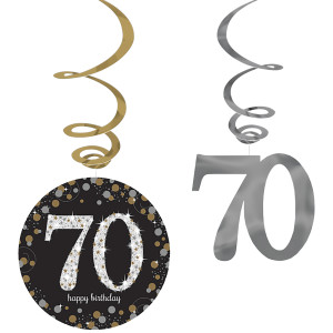FET 12 décorations tourbillions "70 happy birthday" noir, or