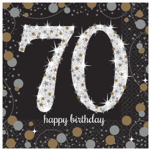 FET serviettes désserts "70 happy birthday" noir, or & argen