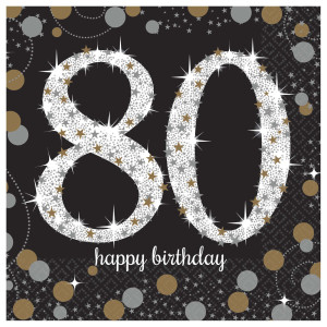 FET 12 serviettes désserts "80 happy birthday" noir, or & ar