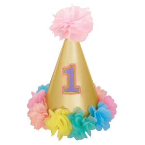 FET chapeau 1er anniversaire rose avec fleurs