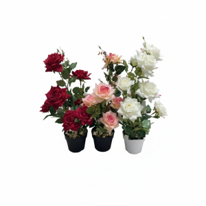 FLE rose en pot artificielle 70cm pot blanc
